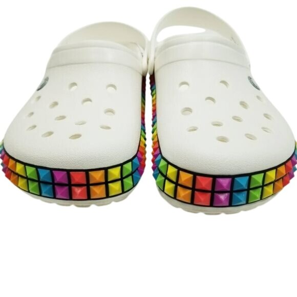 White Crocs Classic Clogs Rainbow Pyramid Studs Along Soles Unisex Size W11/M9 - Picture 9 of 15